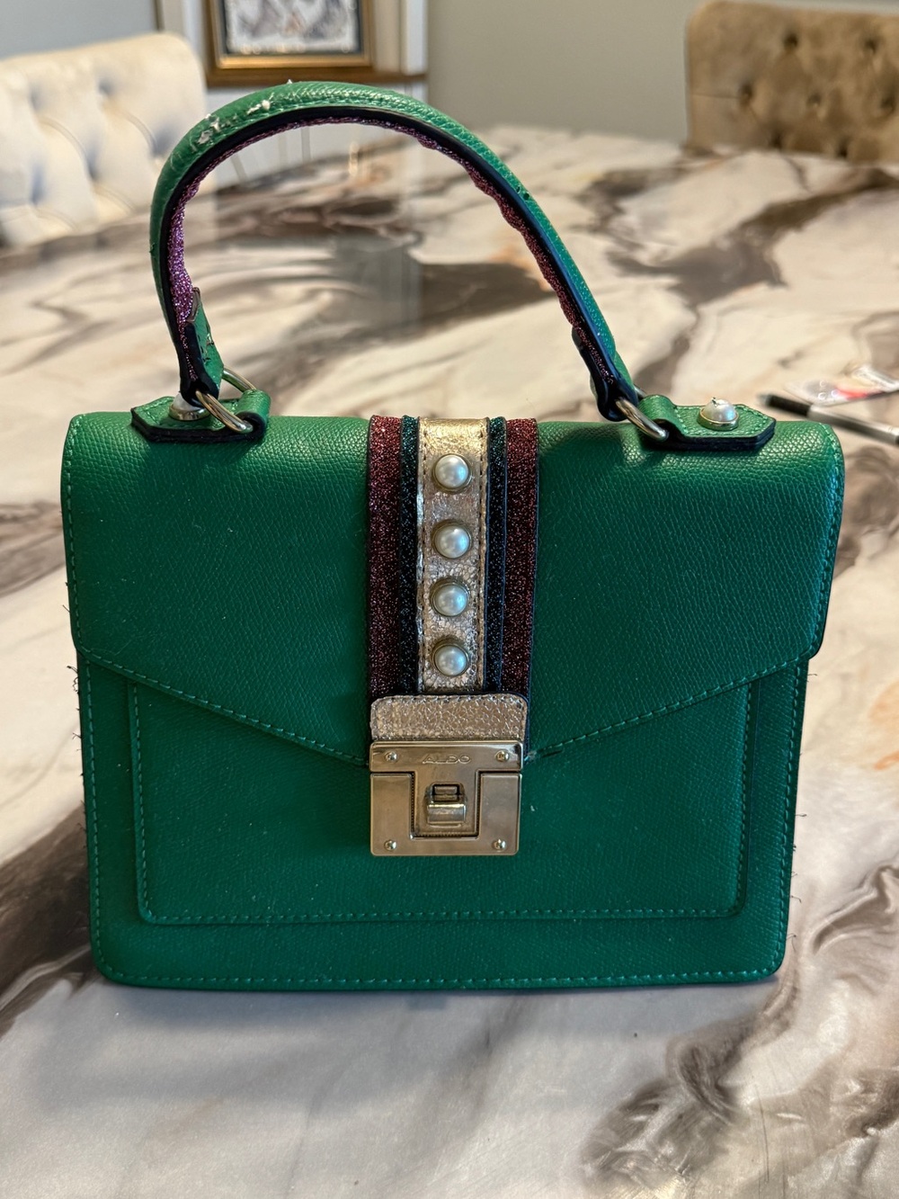 Aldo Emerald Green Top-Handle Satchel with Pearl Accent
